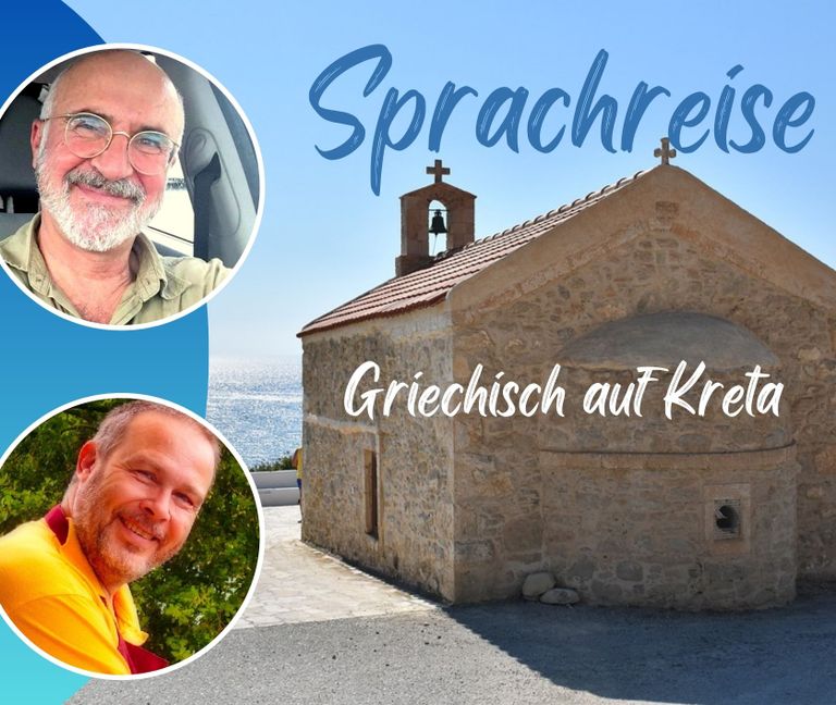 Sprachreise auf Kreta Taverne am Meer mit 2 Personen und einer Kirche