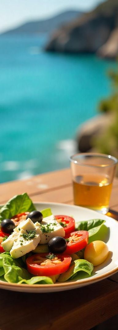 Genuss kannst du in den Tavernen Kretas erleben, wie hier, der leckere Salat und dem Meer als Hintergrundkulisse. Was will man mehr.